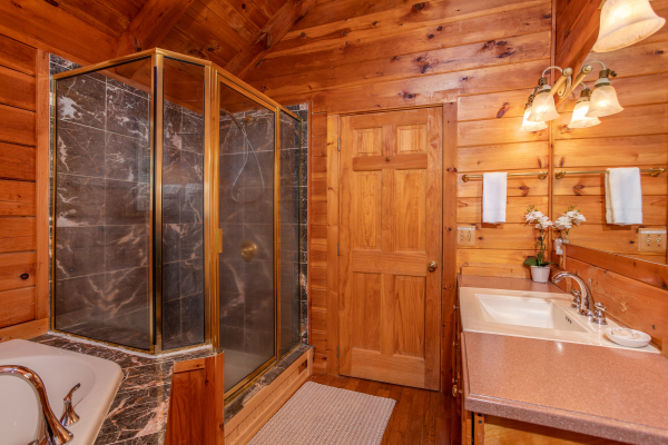 Walk in shower at The Original American Dream, a 2 bedroom cabin rental located in Gatlinburg