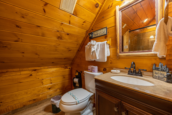 Upstairs bathroom at Cabin On The Hill, a 1 bedroom cabin rental located in Pigeon Forge