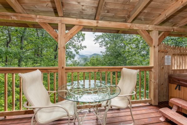 Bistro set on the covered deck at Loving You, a 1 bedroom cabin rental located in Pigeon Forge