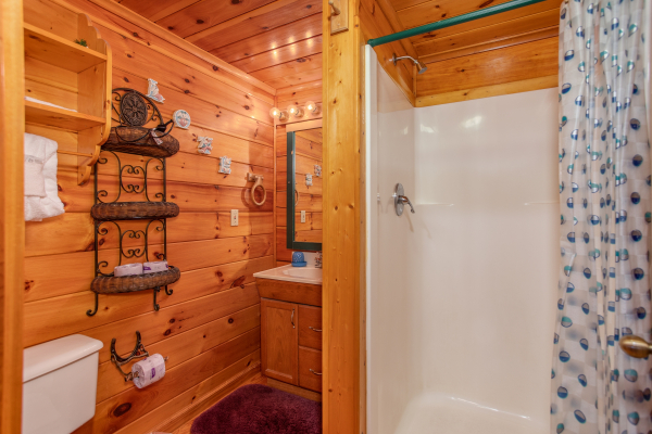 Bathroom with a walk in shower at All Shook Up, a 1 bedroom cabin rental located in Pigeon Forge