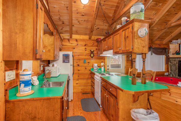 Galley kitchen at All Shook Up, a 1 bedroom cabin rental located in Pigeon Forge