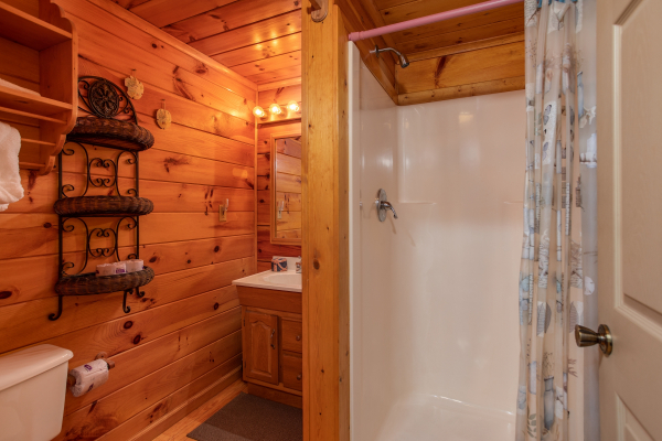 Bathroom with a walk in shower at Forever Yours, a 1-bedroom cabin rental located in Pigeon Forge