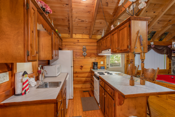 Galley style kitchen with white appliances at Forever Yours, a 1-bedroom cabin rental located in Pigeon Forge