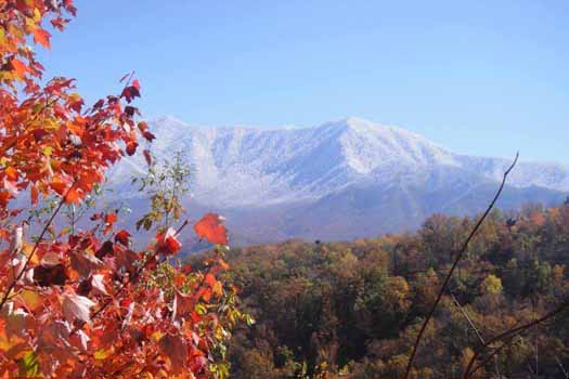 Fall foliage and snow-capped mountains seen from Chalet Mignon, an 8-bedroom cabin rental located in Gatlinburg