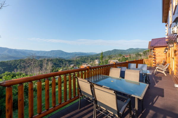 Two outdoor dining tables on the deck at Splash Mountain Lodge a 4 bedroom cabin rental located in Gatlinburg