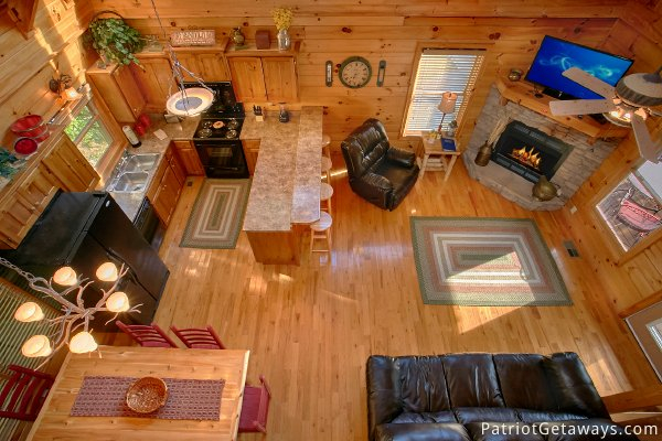 View of the first floor from the lofted bedroom at Alpine Sundance Trail, a 3 bedroom cabin rental located in Pigeon Forge