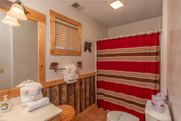 First bathroom at Bushwood Lodge, a 3-bedroom cabin rental located in Gatlinburg