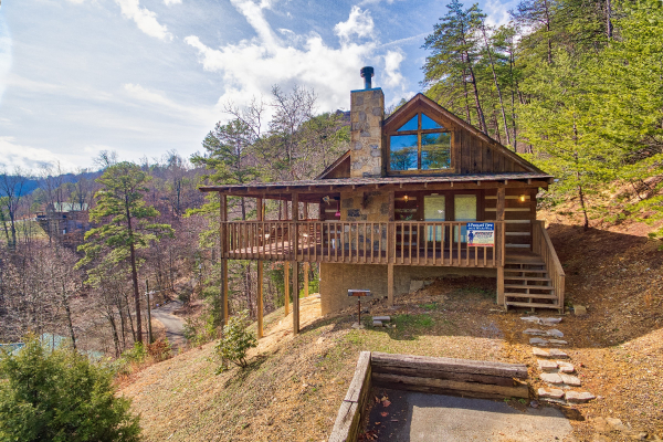 The cabin from the parking pad at A Postcard View, a 1 bedroom cabin rental located in Pigeon Forge