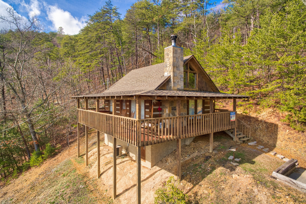 Front and side exterior view at A Postcard View, a 1 bedroom cabin rental located in Pigeon Forge
