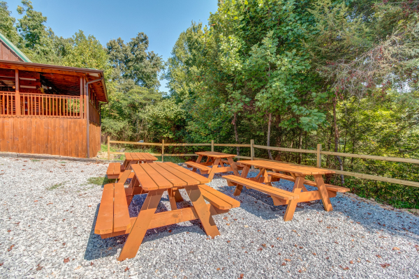 Picnic tables at The Settlement, a 10 bedroom cabin rental located in Pigeon Forge