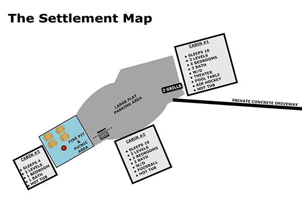 Layout of the property at The Settlement, a 10 bedroom cabin rental located in Pigeon Forge