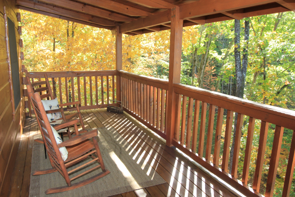 A wooded view from the covered deck at Bear Hug Hideaway, a 1-bedroom cabin rental located in Pigeon Forge