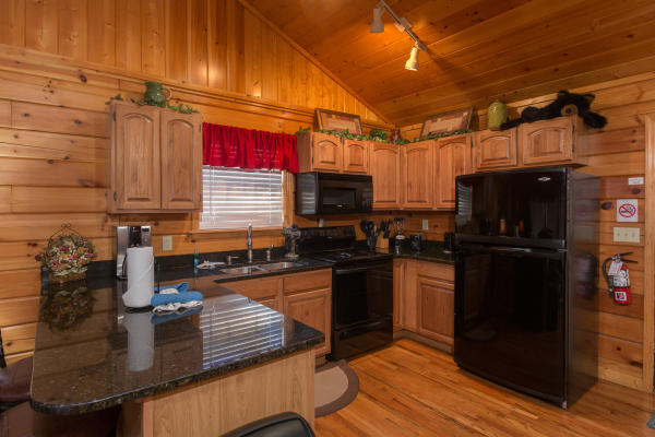 Kitchen with black appliances at A Beary Cozy Escape, a 1 bedroom cabin rental located in Pigeon Forge