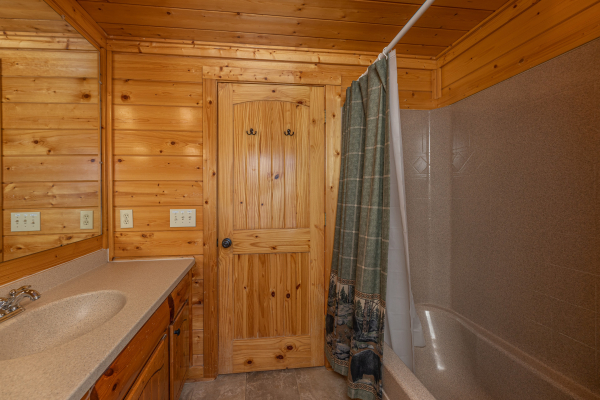 Shower at Grand Timber Lodge, a 5-bedroom cabin rental located in Pigeon Forge