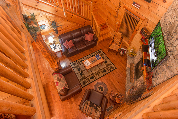 Overhead view of the living room at Bearfoot Paradise, a 3-bedroom cabin rental located in Pigeon Forge