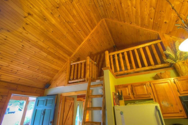 Looking up at the ladder and loft at Golden Memories, a 1-bedroom cabin rental located in Pigeon Forge