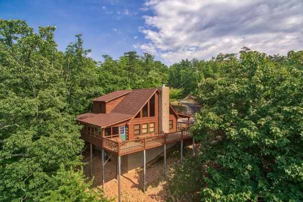 Looking down at the cabin from a drone at Cabin in the Clouds, a 3-bedroom cabin rental located in Pigeon Forge