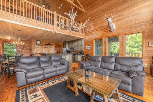 Living room seating at Sky View, A 4 bedroom cabin rental in Pigeon Forge