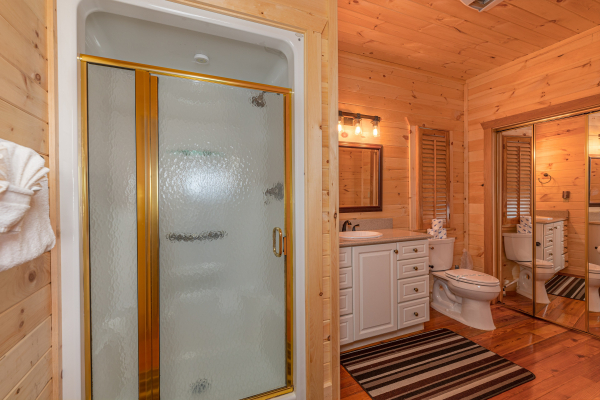 Master bathroom with shower at Sky View, A 4 bedroom cabin rental in Pigeon Forge