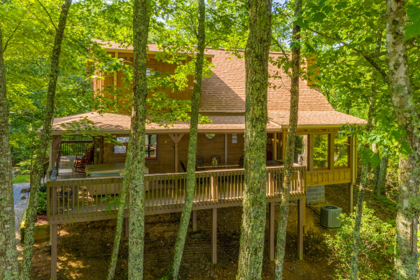 Rear exterior drone view at Bearfoot Adventure, a 2 bedroom cabin rental located in Gatlinburg