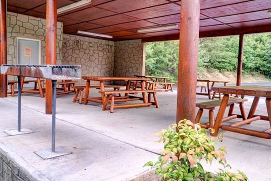 Picnic pavilion and grill access at Starr Crest Resort for guests at Howlin' in the Smokies, a 2 bedroom cabin rental located in Pigeon Forge