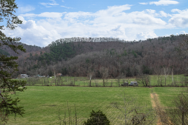 Looking at the meadow and the mountain at Mountain View Meadows, a 3 bedroom cabin rental located in Pigeon Forge