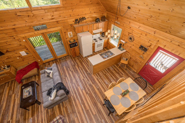 Drone view of kitchen at Eagle's Bluff, a 2 bedroom cabin rental located in Douglas lake