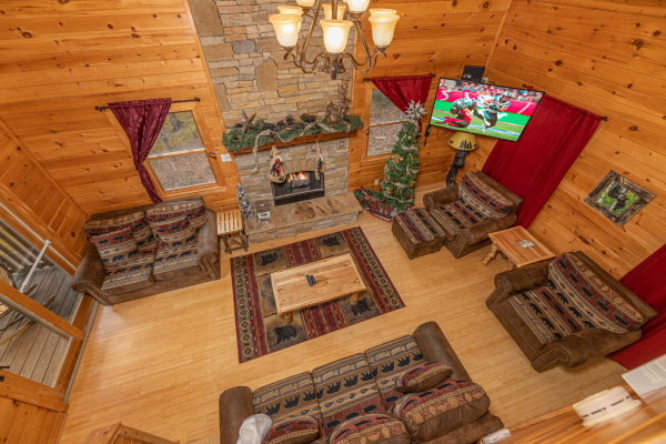 Aerial living room view at Cabin Life, a 2 bedroom cabin rental located in Pigeon Forge