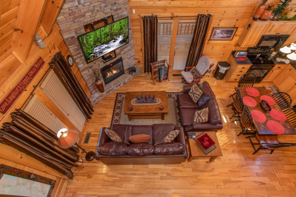 Overhead view of the living room from upstairs at Bears Eye View, a 2-bedroom cabin rental located in Pigeon Forge