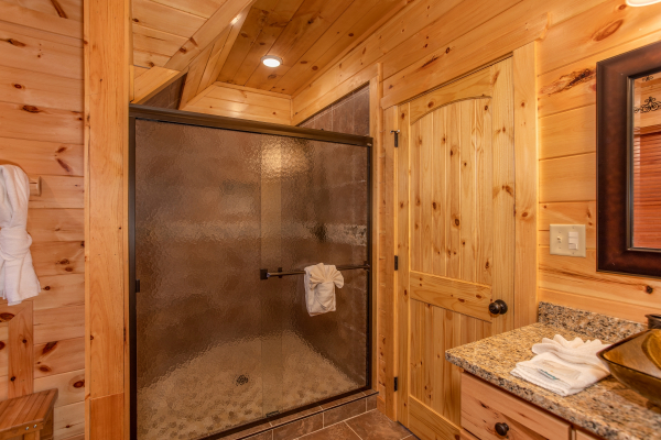 Custom glassed shower at Panorama, a 2 bedroom cabin rental located in Pigeon Forge