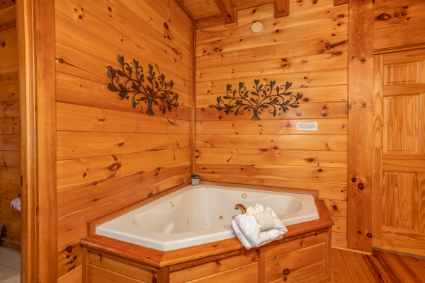 Corner jacuzzi in the main bedroom at Granny D's, a 2 bedroom cabin rental located in Pigeon Forge