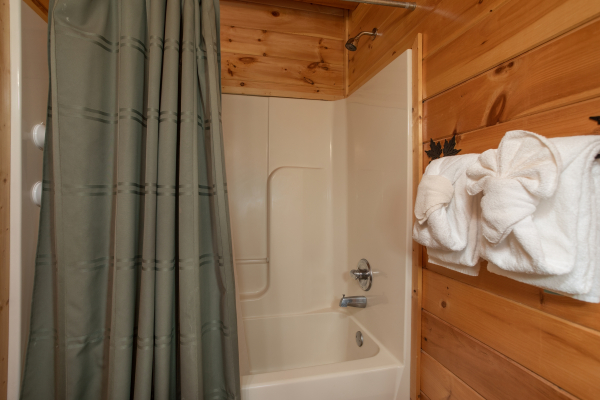 Tub and shower in a bathroomat Better View, a 4 bedroom cabin rental located in Pigeon Forge