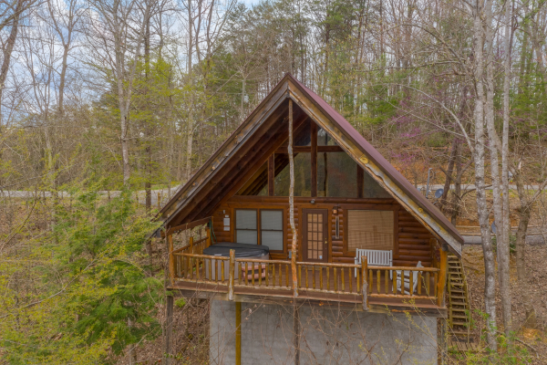 Drone rear exterior view at Woodland Chalet, a 1 bedroom cabin rental located in Pigeon Forge