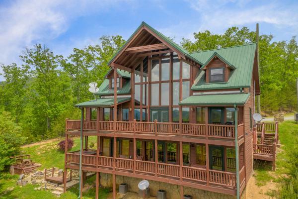 Exterior rear view drone shot at Mountain Bliss, a 2 bedroom cabin rental located in Pigeon Forge