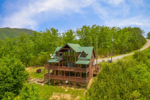 Drone exterior view at Mountain Bliss, a 2 bedroom cabin rental located in Pigeon Forge