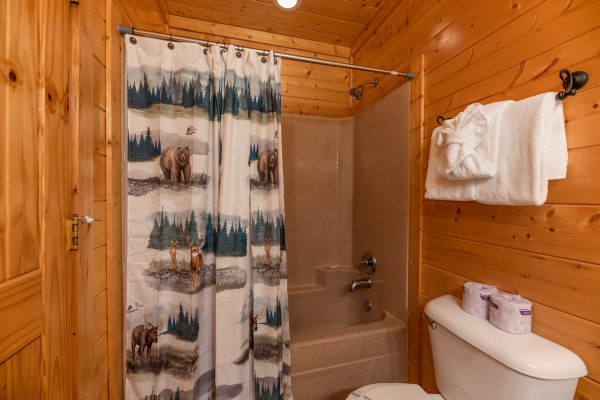 Tub and shower at Rocky Top Retreat, a 2 bedroom cabin rental located in Pigeon Forge