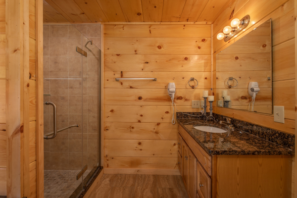Bathroom with a large shower at Gar Bear's Hideaway, a 3 bedroom cabin rental located in Pigeon Forge