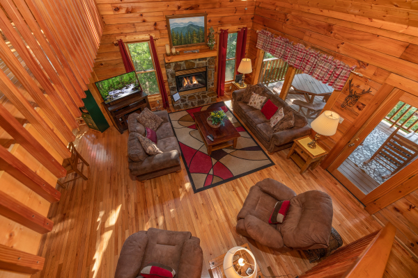 Looking down at the living room at Majestic Mountain, a 4 bedroom cabin rental located in Pigeon Forge