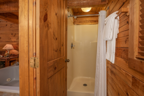 Shower stall in a bathroom at Yes, Deer, a 2 bedroom cabin rental located in Pigeon Forge
