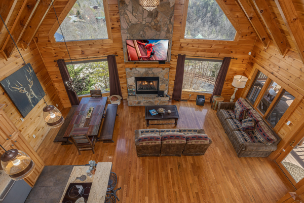 Looking down at the living room at Mountain Mama, a 3 bedroom cabin rental located in Pigeon Forge