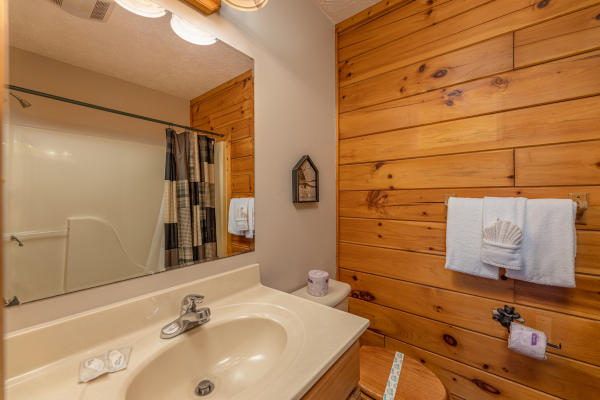 Bathroom with tub and shower at Pool Side Lodge, a 6 bedroom cabin rental located in Pigeon Forge