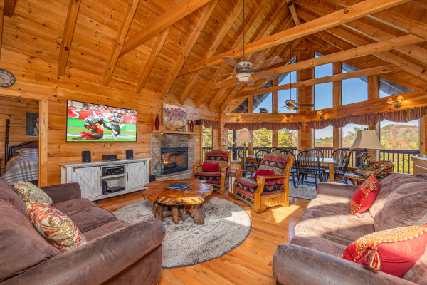 Vaulted living room at Mountain Laurel Lodge, a 4 bedroom cabin rental located in Pigeon Forge