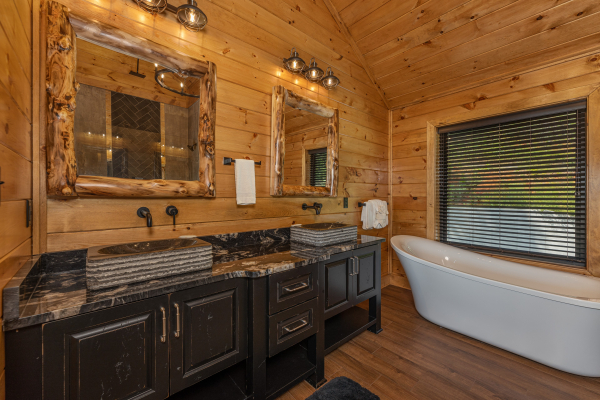 Double vanity in a bathroom at Black Bears & Biscuits Lodge, a 6 bedroom cabin rental located in Pigeon Forge