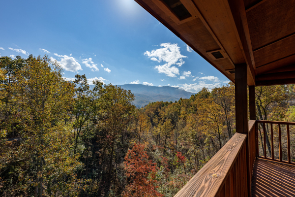 Mountain views from the covered deck at Sensational Views, a 3 bedroom cabin rental located in Gatlinburg