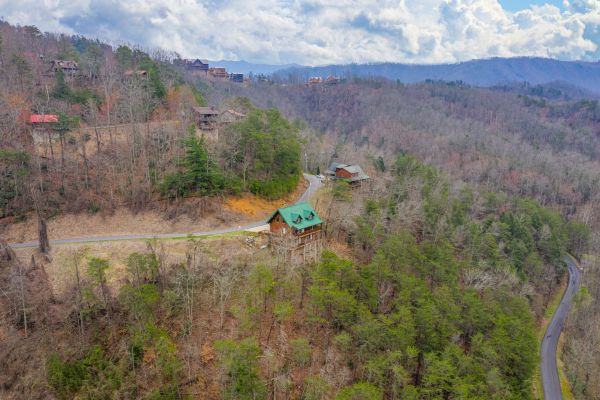Drone shot at Smoky Mountain Escape, a 3 bedroom cabin rental located in Pigeon Forge