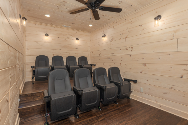 Seating in the theater room at Smoky Mountain Chalet, a 3 bedroom cabin rental located in Pigeon Forge