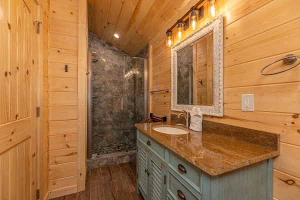 Loft bathroom at Twin Peaks, a 5 bedroom cabin rental located in Gatlinburg