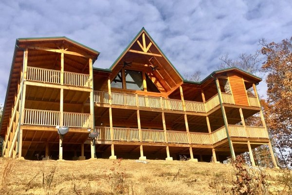 Back exterior view at Four Seasons Grand, a 5 bedroom cabin rental located in Pigeon Forge