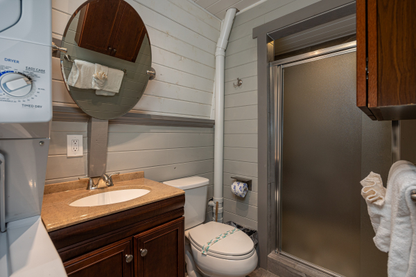 Upstairs bathroom at A Getaway Chalet, a 2 bedroom cabin rental located in Gatlinburg