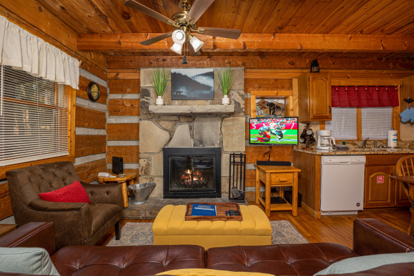 Fireplace and TV at Little Bear, a 1 bedroom cabin rental located in Pigeon Forge